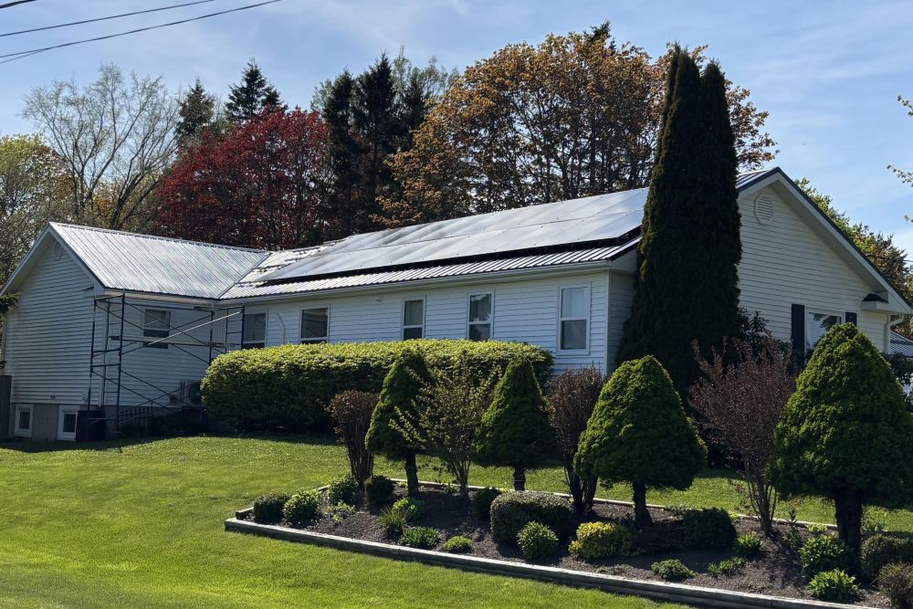 External view of a white bungalow with green grass and hedge garden, trees and blue sky in background.  The roof is entirely covered in Solar photovoltaic panels.